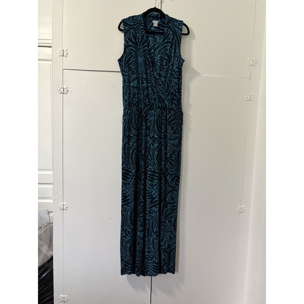 Chico's Travelers Sleeveless Jumpsuit Women's Size 2 Teal Abstract Leaf Print